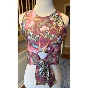 Yoga Democracy Butterfly Dragonfly Crop Top Front Tie Burgundy Medium